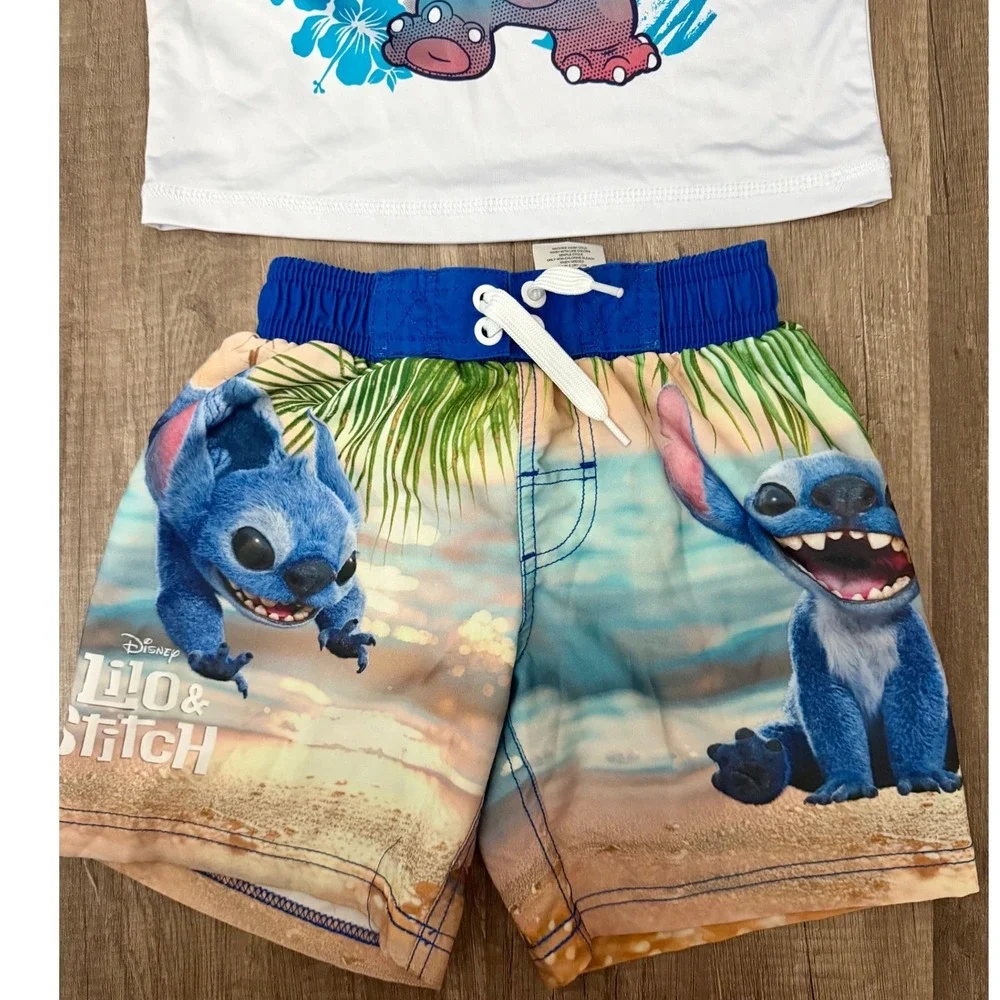 Disney Lilo & Stitch Kids Swim Set Rash Guard & Trunks Blue White Size 4/5